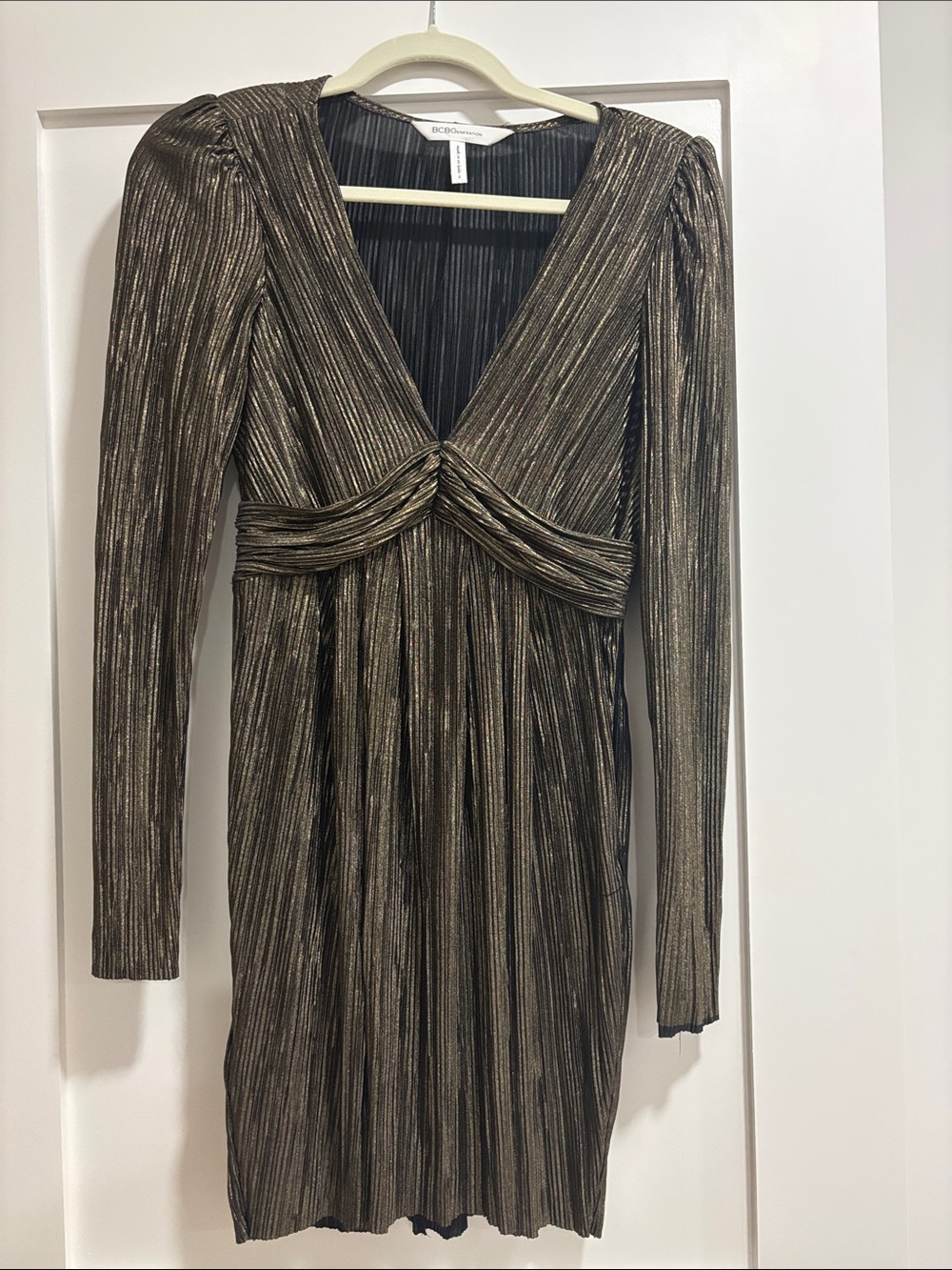 BCBGeneration Metallic Bronze Pleated V-Neck Long Sleeve Dress